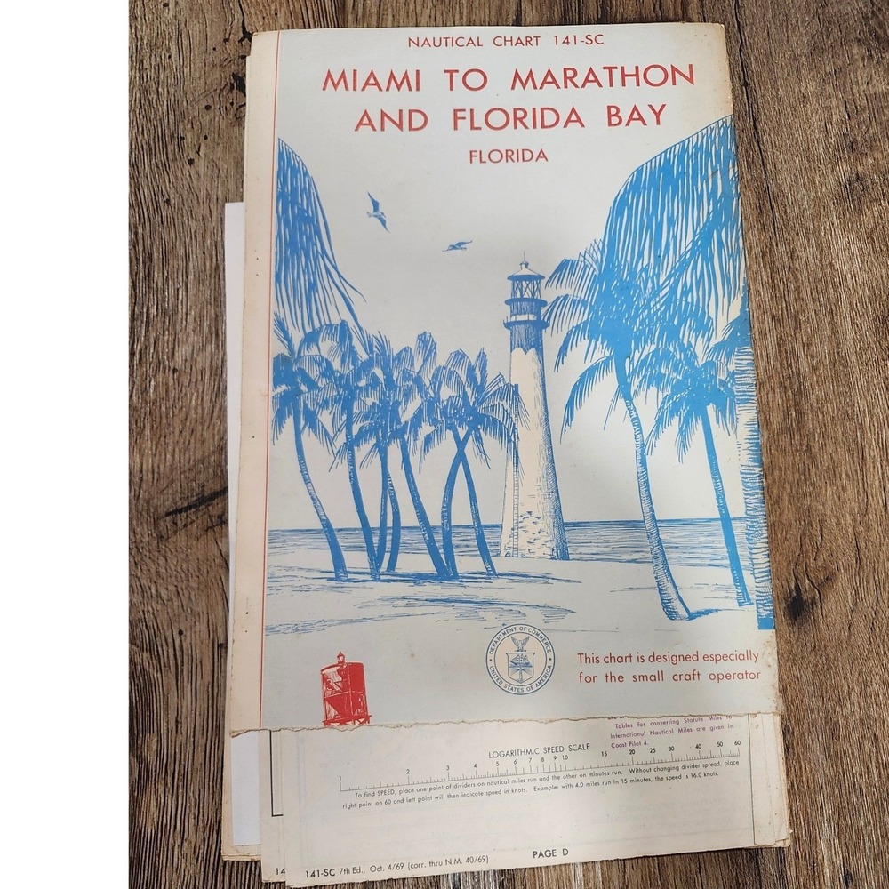 Vintage 1969 Nautical Chart 141-SC Miami to Marathon Florida Bay Small Craft Map